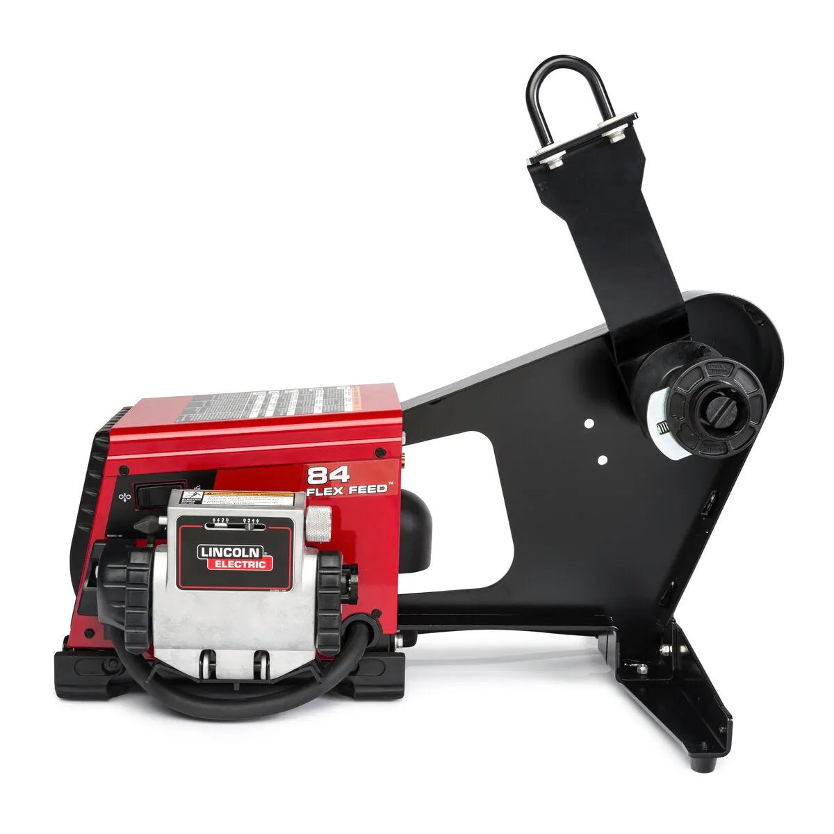 The Lincoln Flex Feed 84 Single Bench with Heavy Duty Wire Reel Stand K5000-2, shown in red and black, features adjustable wire feed speed, power cord, control panel, and spool holder, side view against a white background.