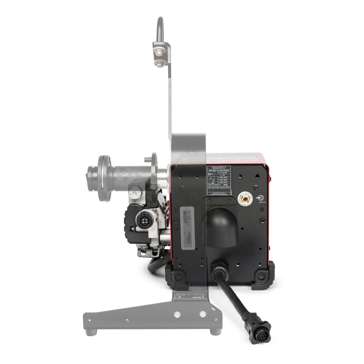 A side view of the Lincoln Flex Feed 84 Single Bench with Heavy Duty Wire Reel Stand K5000-2 in red and black shows a circular port, attached cables, sturdy bracket, and a semi-transparent left revealing internal parts and feed controls.