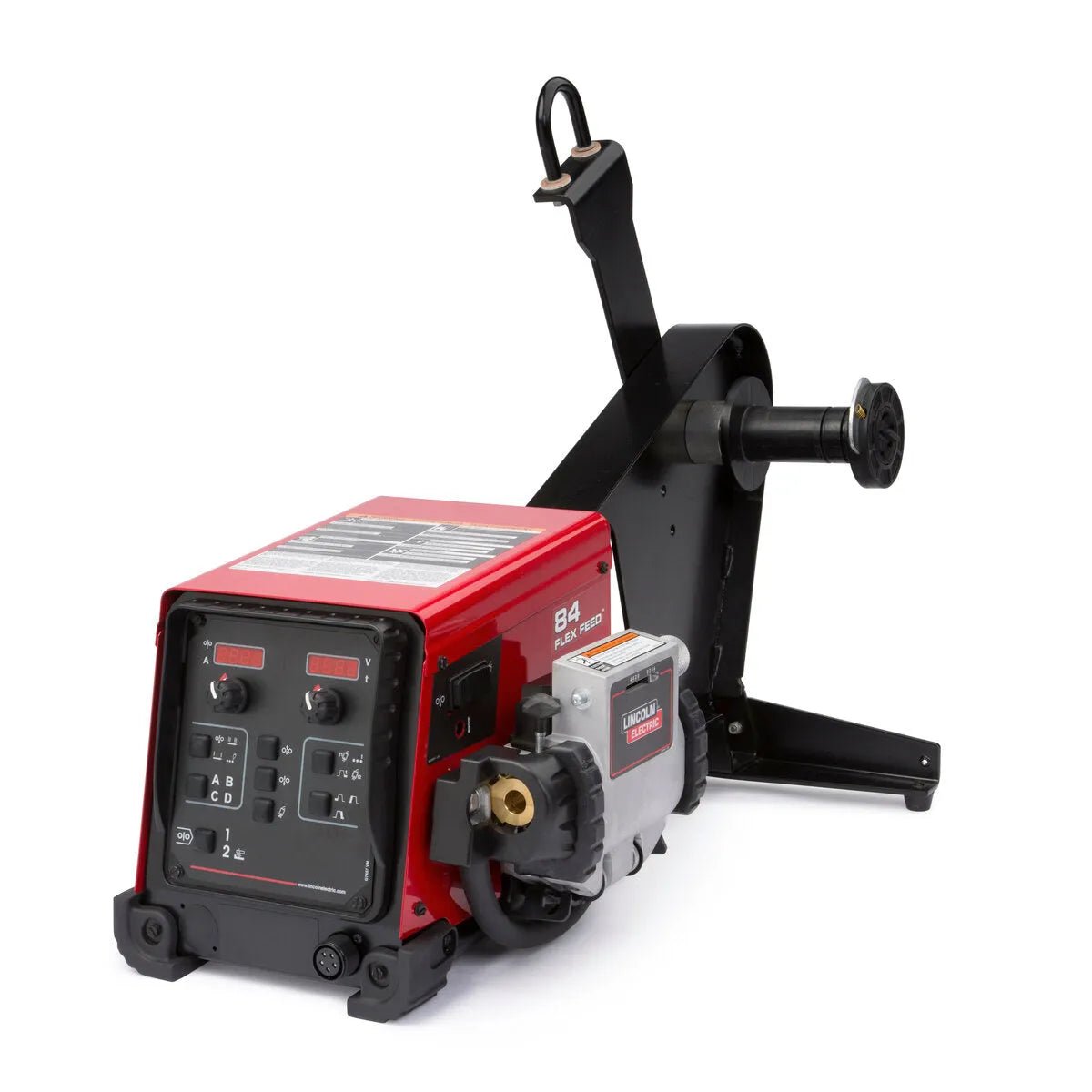 The Lincoln Flex Feed 84 Single Bench with Heavy Duty Wire Reel Stand K5000-2 is a red and black wire feeder machine featuring front control panels, dials, connectors, and an attached reel stand for welding wire.