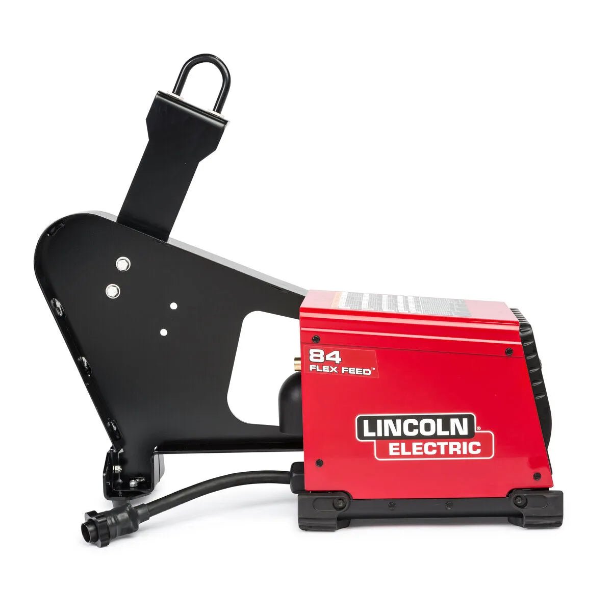 A Lincoln Flex Feed 84 Single Bench with Heavy Duty Wire Reel Stand K5000-2 in red and black sits on a white background, featuring a sturdy mounting bracket, easy-to-use control panel, branded logo, and a thick power cable.