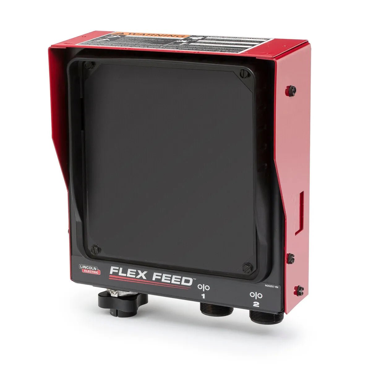 A red and black industrial device, the Lincoln Flex Feed 84 Single or Dual Control Box (No U/I K5004-2) features wire feed speed control, front FLEX FEED label, input/output ports, a 0/1/2 knob, protective cover, and Lincoln Electric branding.