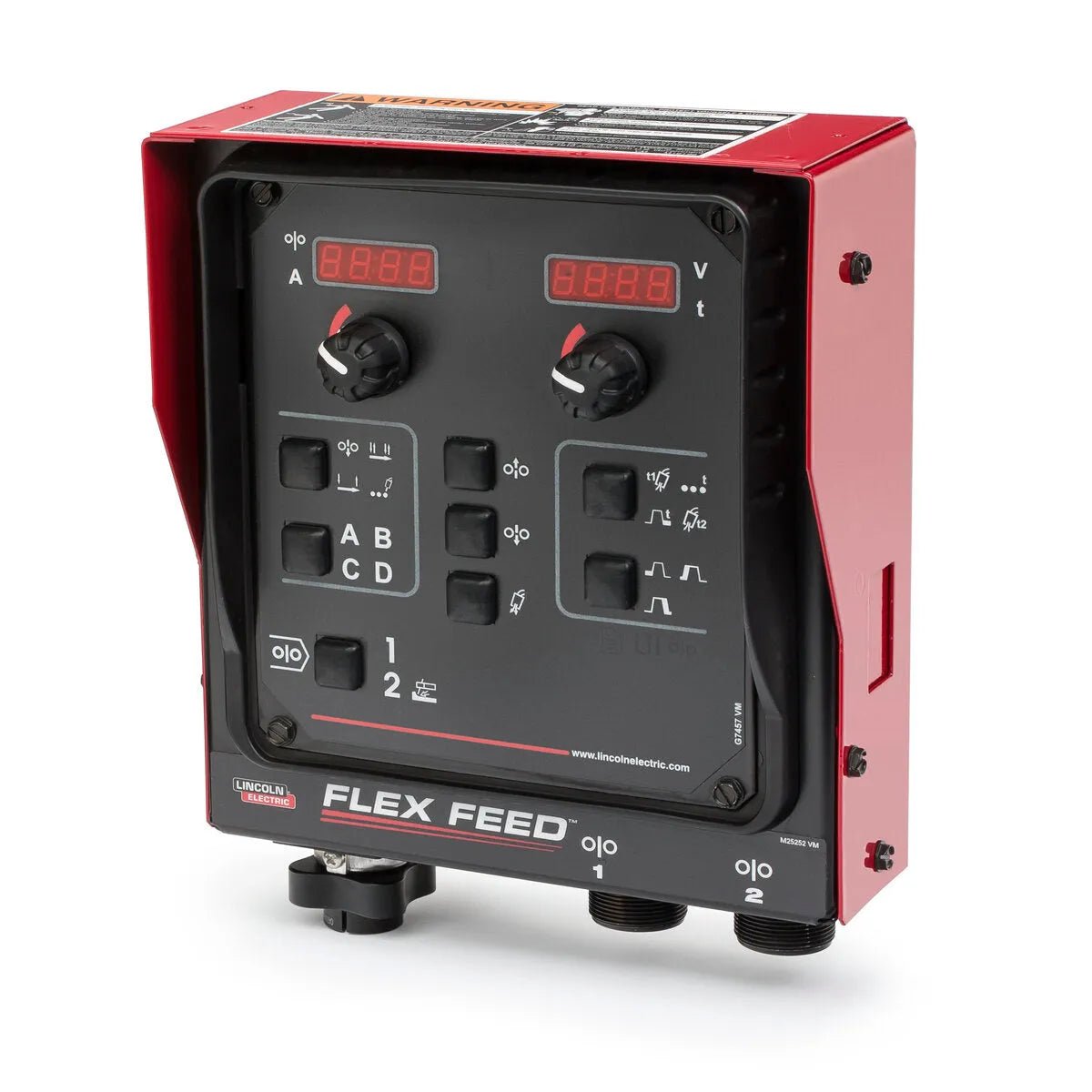 A red Lincoln Flex Feed 84 Single or Dual Control Box (U/I K5004-1) features a black front panel with two digital displays, rotary knobs, buttons labeled A–D and 1–2, welding icons, plus ports and connectors at the bottom.