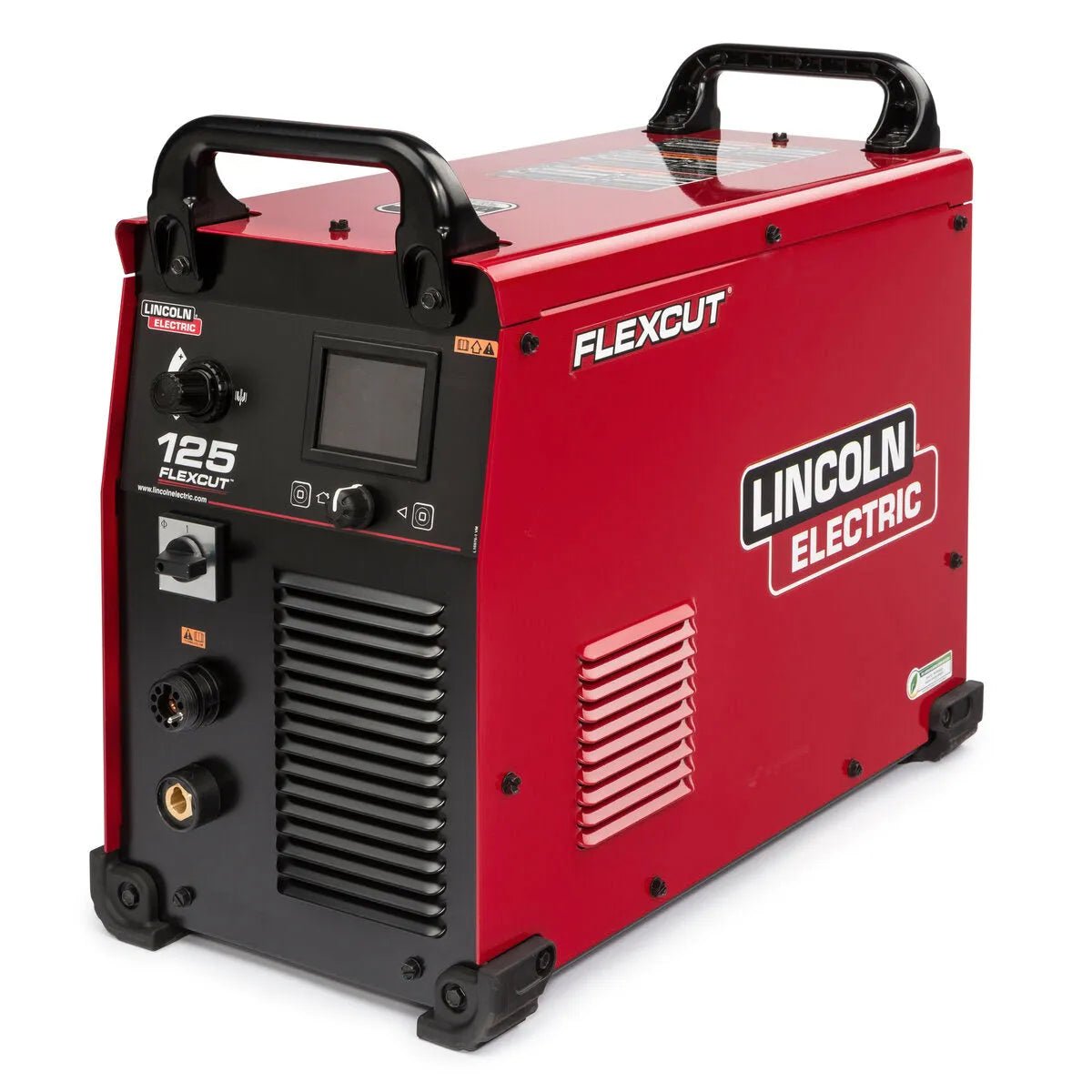 Lincoln FlexCut 125 Plasma Cutter K4811-1, red body, black control panel, display, handles; pro welding tool at WeldingMart.