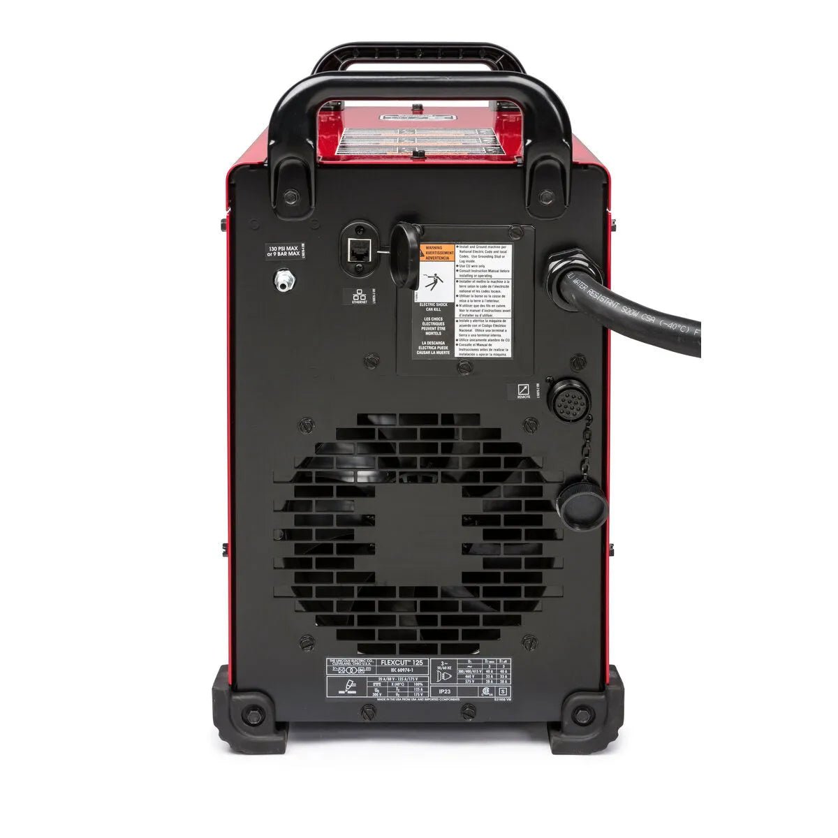 Lincoln FlexCut 125 Plasma Cutter K4811-1 rear view with ports, fan, power cord, handle & labels—quality welding equipment.