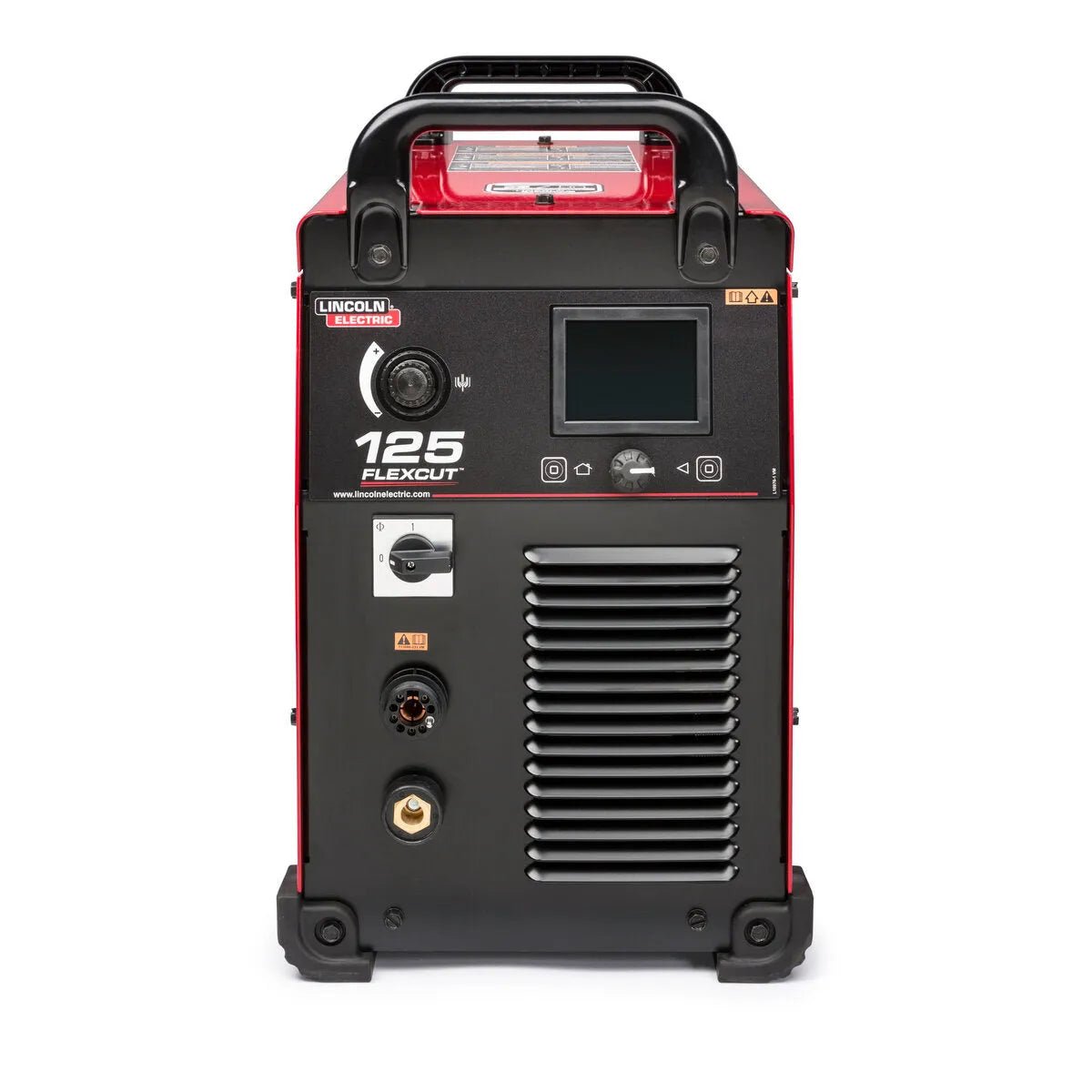 Lincoln FlexCut 125 Plasma Cutter K4811-1 front view, pro welding tool with controls, display, ports, black/red housing, handle.