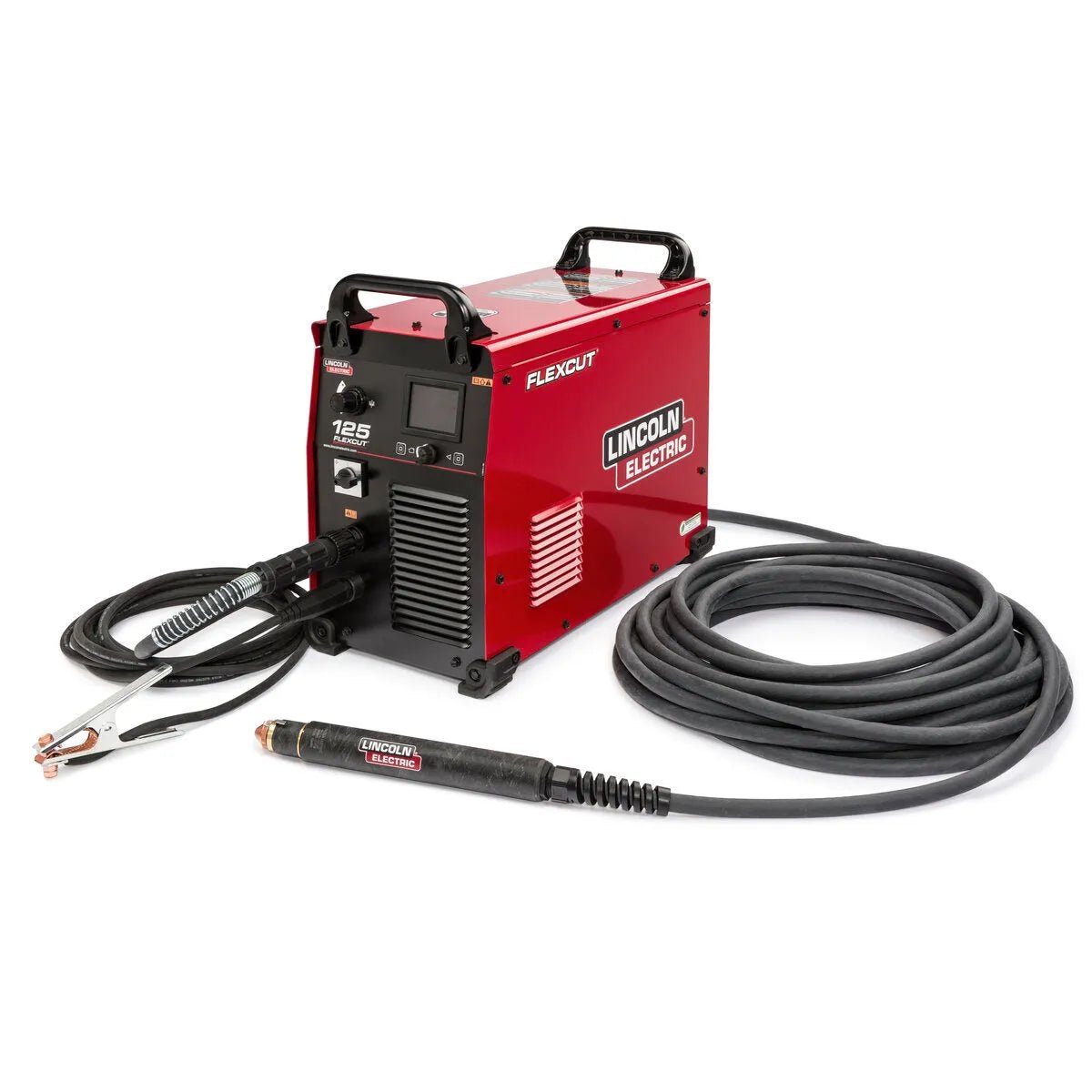 Lincoln FlexCut 125 Plasma Cutter K4811-1, pro welding equipment with cables, clamps, digital display & handles on white.