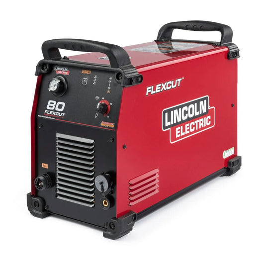 Lincoln FlexCut 80 Plasma Cutter K4809-1, red housing, black handles. Top industrial welding tool at WeldingMart on white background.