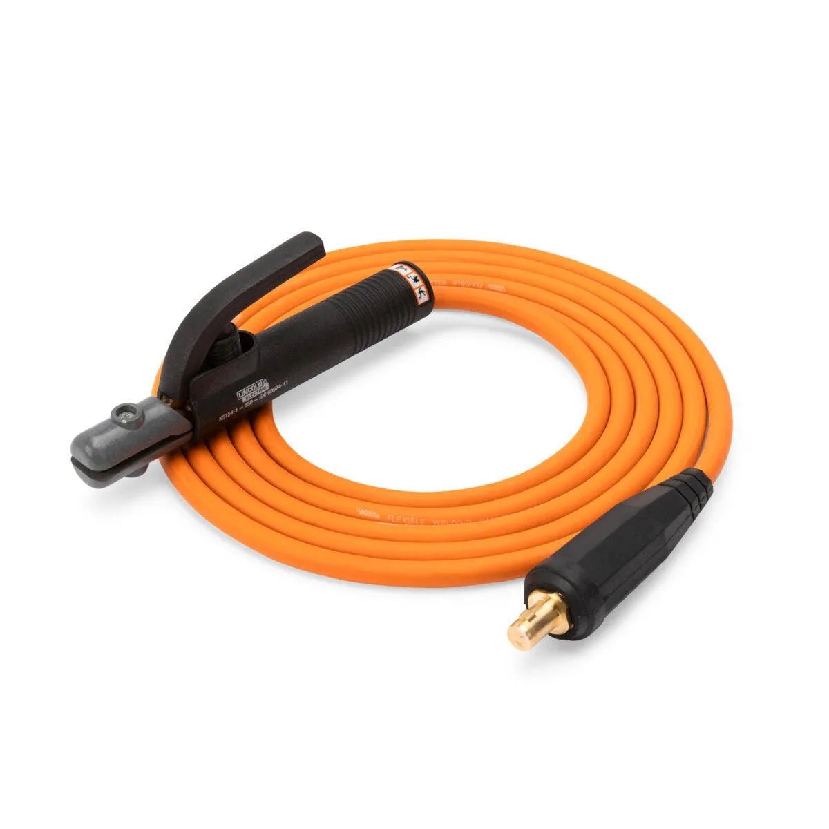The Lincoln Flexible Cable Work Lead 2 AWG with 200A Electrode Holder & Twist Mate, 12.5 FT (K5438-2-12-1/2), is a coiled orange welding cable featuring a black electrode holder and a black connector with brass tip, shown on a white background.