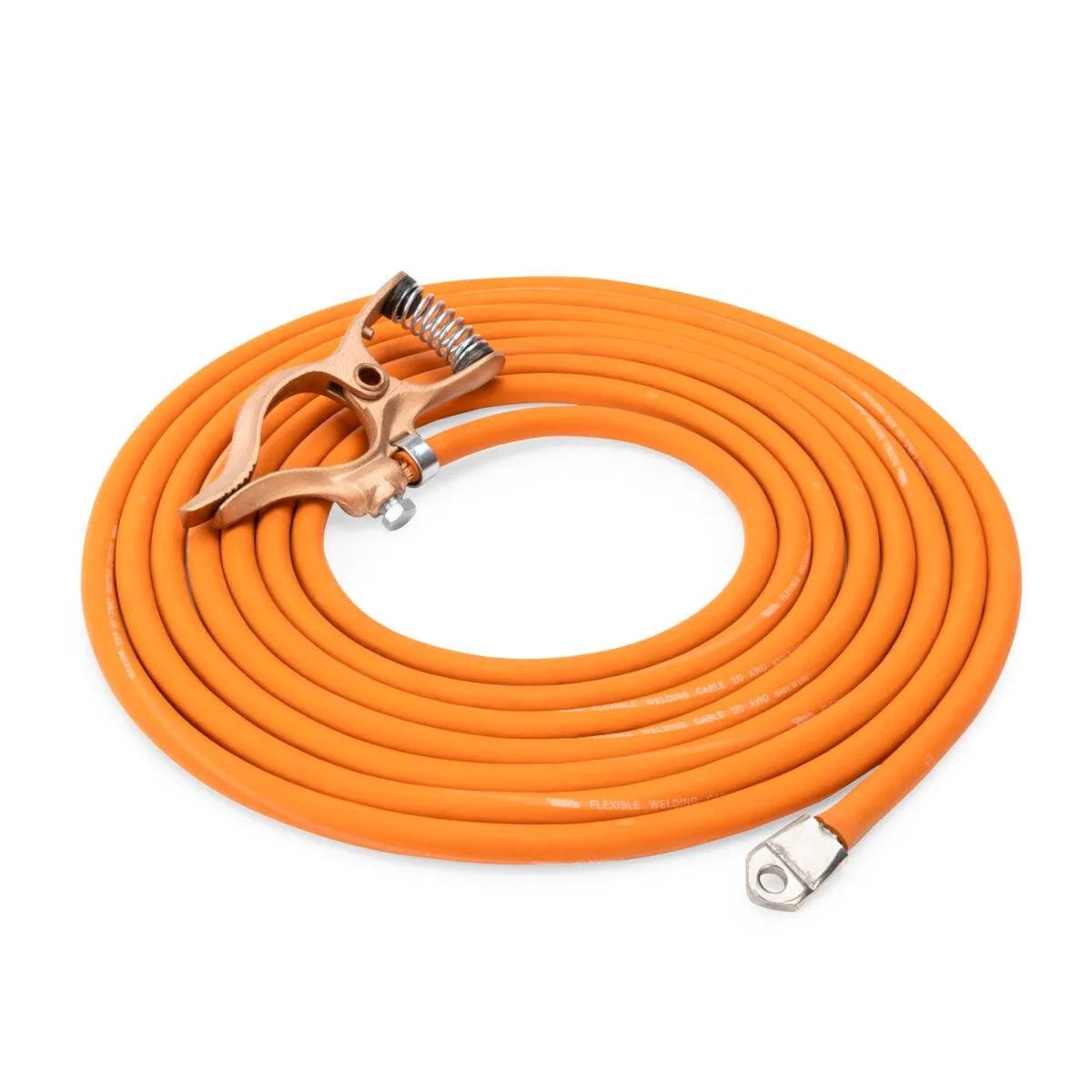 The Lincoln Flexible Cable Work Lead 2/0 with Ground Clamp & Lug 50 FT (K5434-2/0-50) is a thick, coiled orange cable featuring a welding ground clamp on one end and a ring lug on the other, shown against a white background.