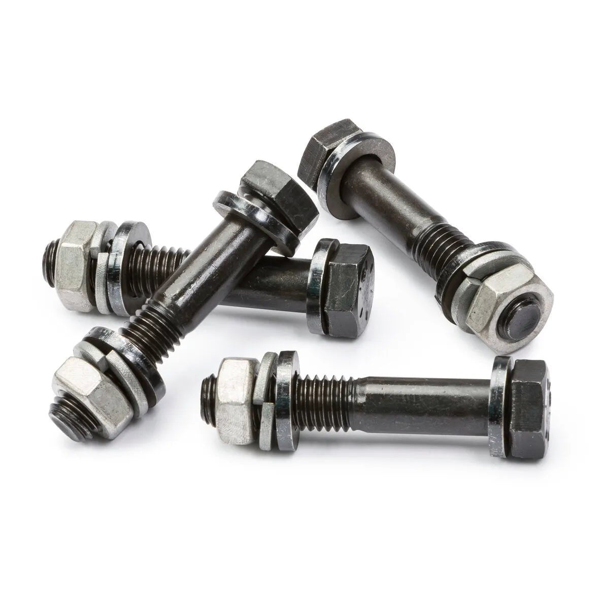 The Lincoln Flextec 350X 4-Pack to 8-Pack Rack Conversion Kit K3410-1 includes four metal bolts with hexagonal nuts, perfect for rack expansion. Each bolt and nut set is arranged on a white background, showing detailed threads and shiny surfaces.