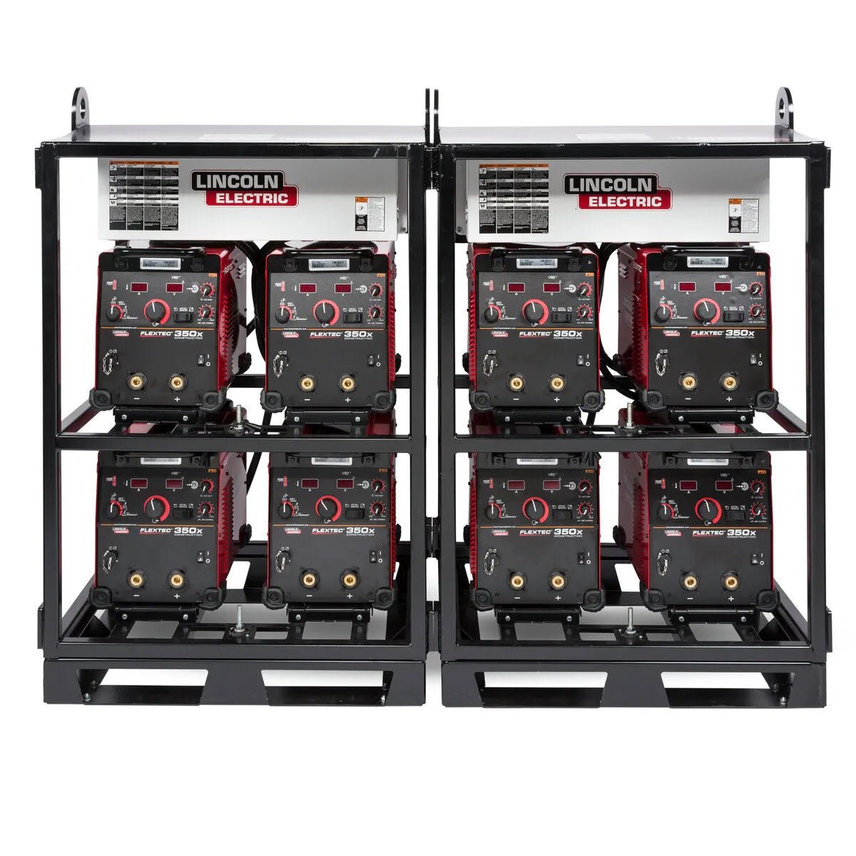 Eight Lincoln Flextec 350X machines are installed on two K3410-1 8-Pack Rack Conversion Kits, each featuring red and black panels with dials, switches, digital displays, and the Lincoln Electric logo visible on every unit and rack.