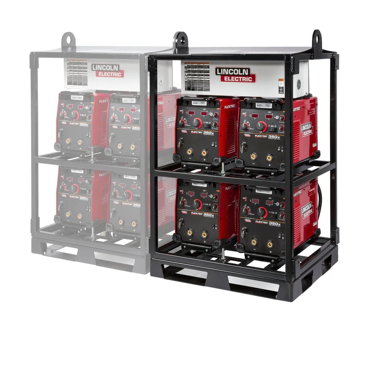 A metal rack holds four red Lincoln Electric welding machines. The left shows a faded duplicate, suggesting upgrade with the Lincoln Flextec 350X 4-Pack to 8-Pack Rack Conversion Kit K3410-1 for modular stacking.