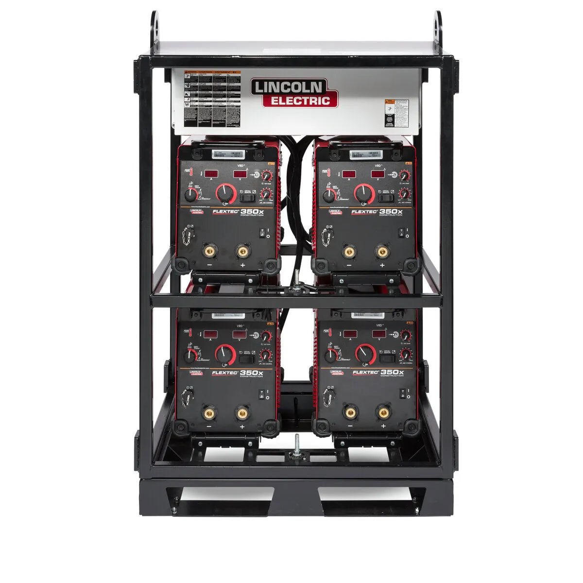 The Lincoln Flextec 350X 4-Pack to 8-Pack Rack Conversion Kit (K3410-1) is a black metal rack that holds four welders (two per shelf) with visible controls and ports, allowing easy inverter rack expansion. A white Lincoln Electric unit sits on top.