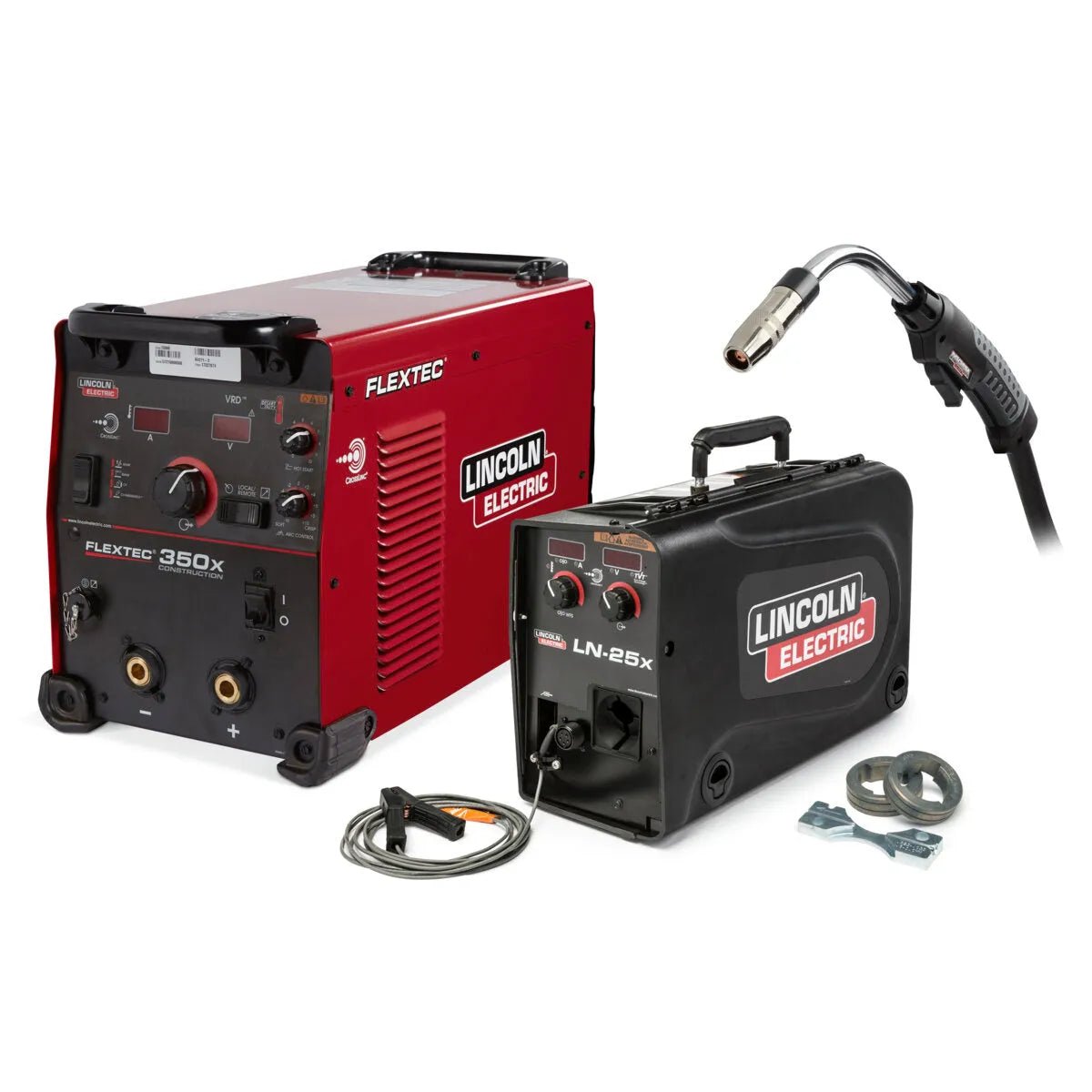Lincoln Flextec 350X welder with CrossLinc, LN-25X wire feeder, cables, clamps—top field welding equipment on white background.