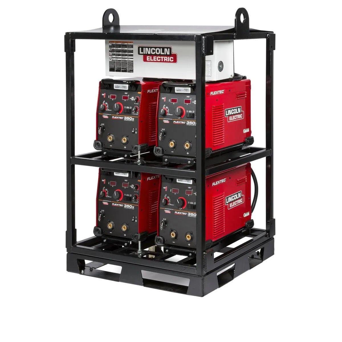 A black 4-pack rack (K3402-3) holds four red Lincoln Flextec 350X Construction (Tweco) welding power sources, stacked two per shelf, with a white control unit on top. Knobs, ports, and Lincoln Electric branding are visible for easy arc control.