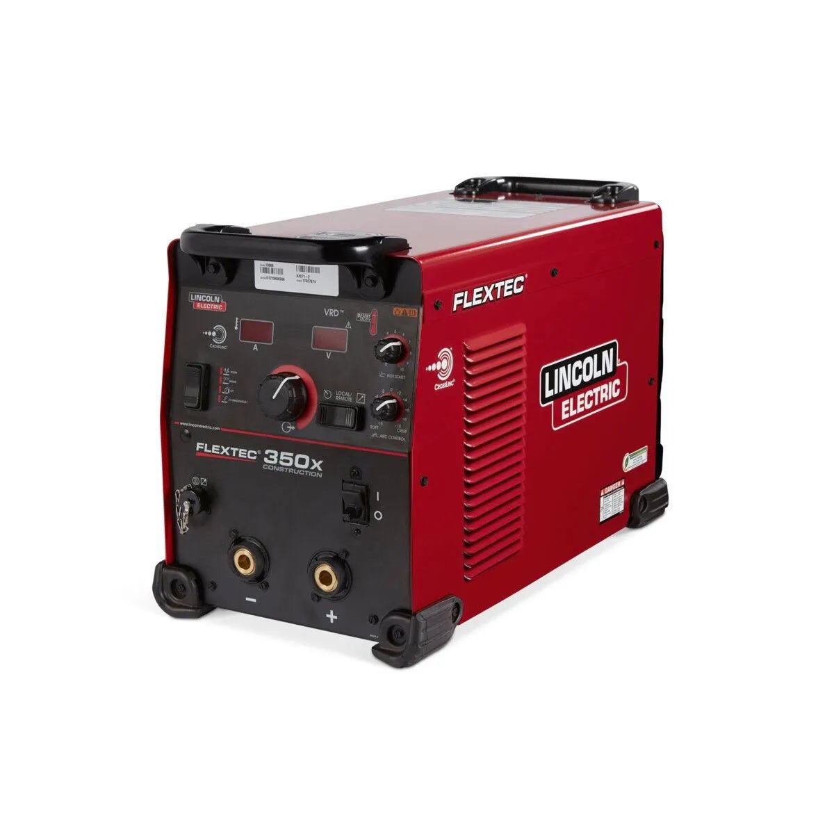 A red Lincoln Flextec 350X Construction Tweco - K4271-2 multi-process welder is shown, featuring a black front panel with controls and digital display, ventilation slats, handles for portability, and clear branding—ideal for field welding jobs.