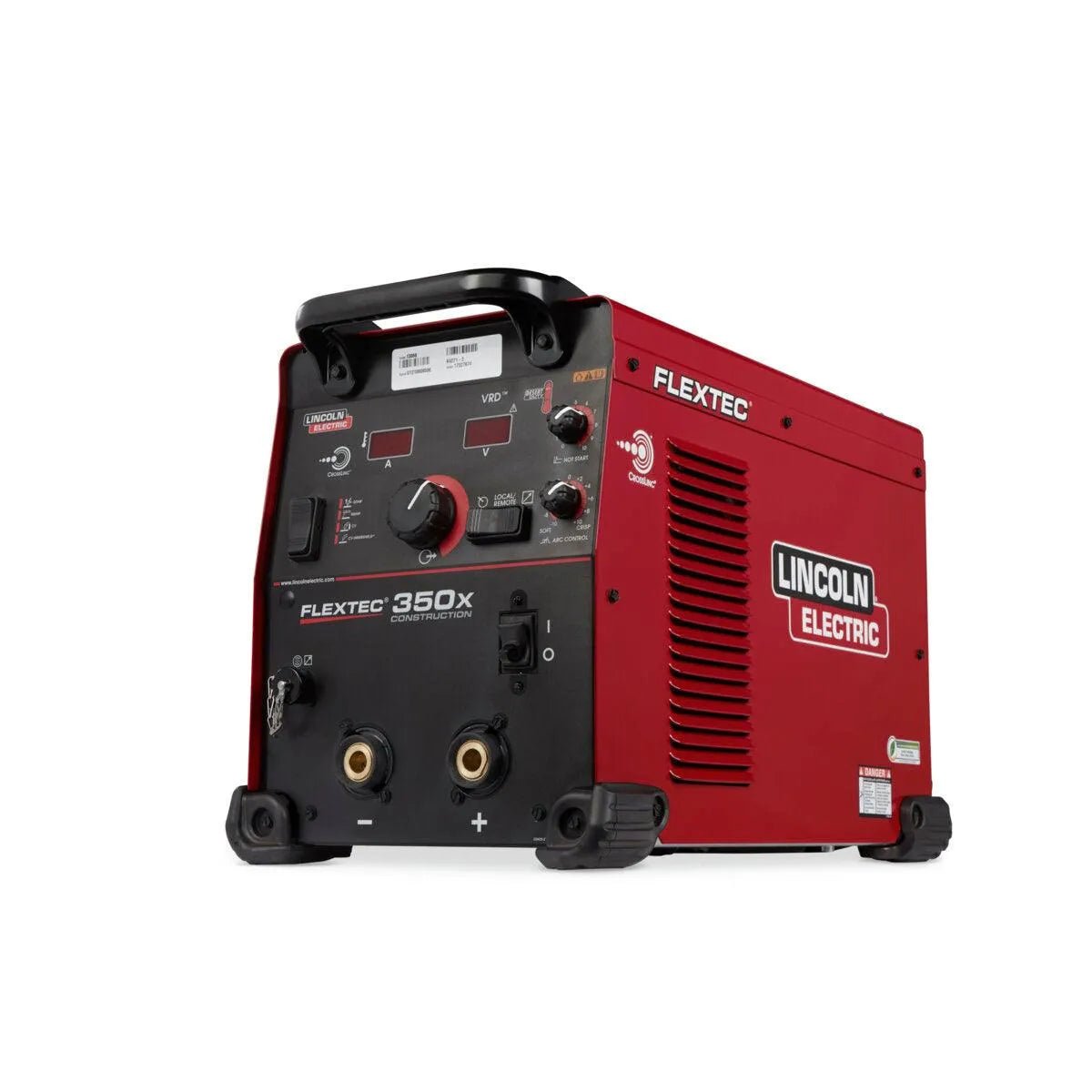 The Lincoln Flextec 350X Construction Tweco - K4271-2 is a red multi-process welding machine with a black control panel, adjustment knobs, connection points, a top carrying handle, side ventilation slots, and four black corner feet.