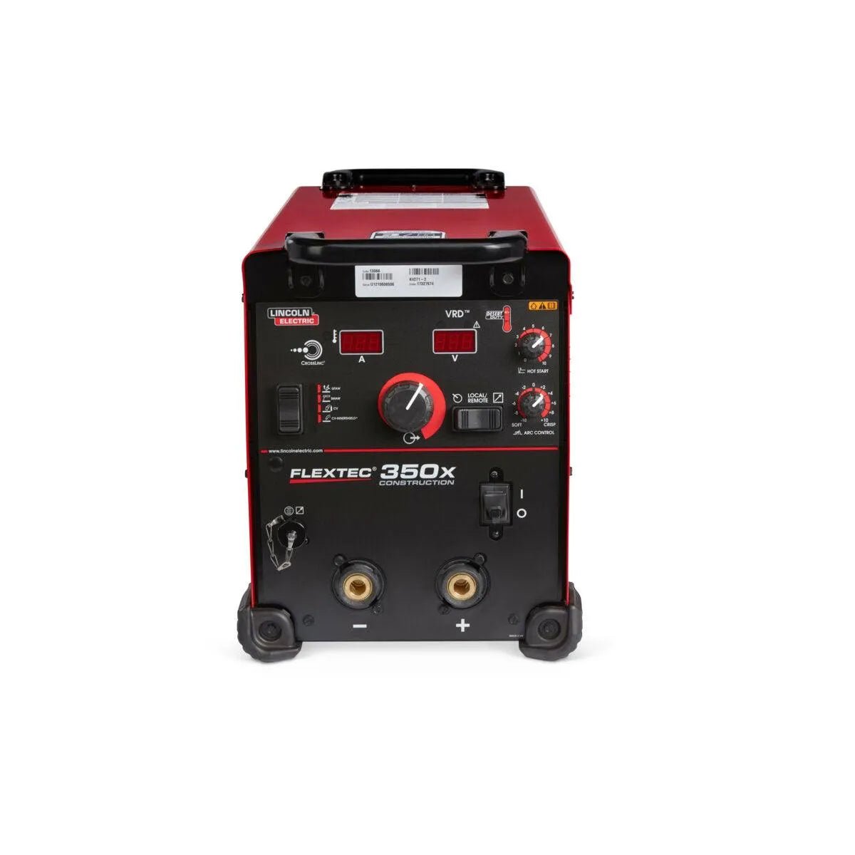 A front view of the red Lincoln Flextec 350X Construction Tweco (K4271-2) welding machine features knobs, switches, digital displays, labeled ports, and a black handle. The multi-process unit is shown on a white background.