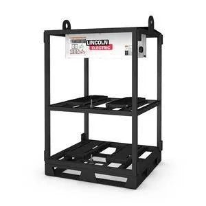 The Lincoln FLEXTEC 350X EMPTY 4-PACK RACK K3400-1 is a black metal rack with two slatted shelves, lifting hooks on top, and designed to hold multiple Flextec 350X welders and related equipment.
