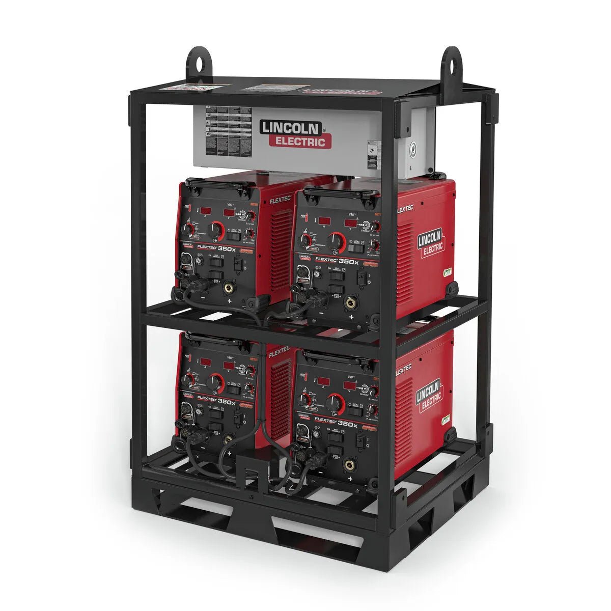 The Lincoln Flextec 350X PowerConnect 4-Pack Rack K4726-1 securely holds four red welding machines—two per shelf. Each unit features knobs, buttons, digital displays, cables, and Lincoln Electric branding on the front and top.