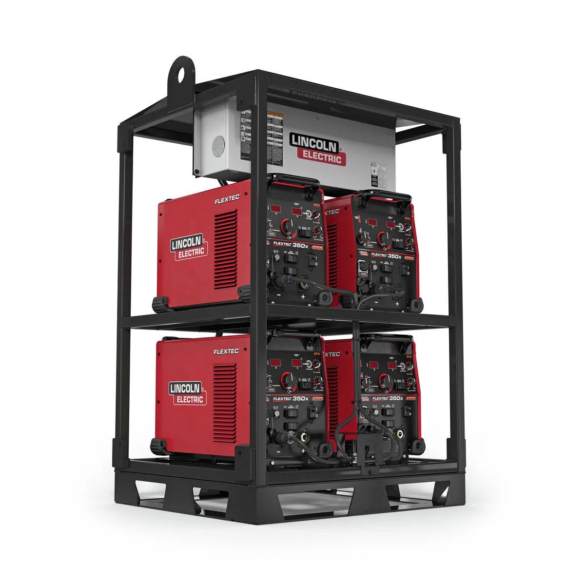 The Lincoln Flextec 350X PowerConnect 4-Pack Rack K4726-1 holds four red welders with black front panels, dials, and displays. This solution features a silver Lincoln Electric panel and a large lifting point on top for easy transport.