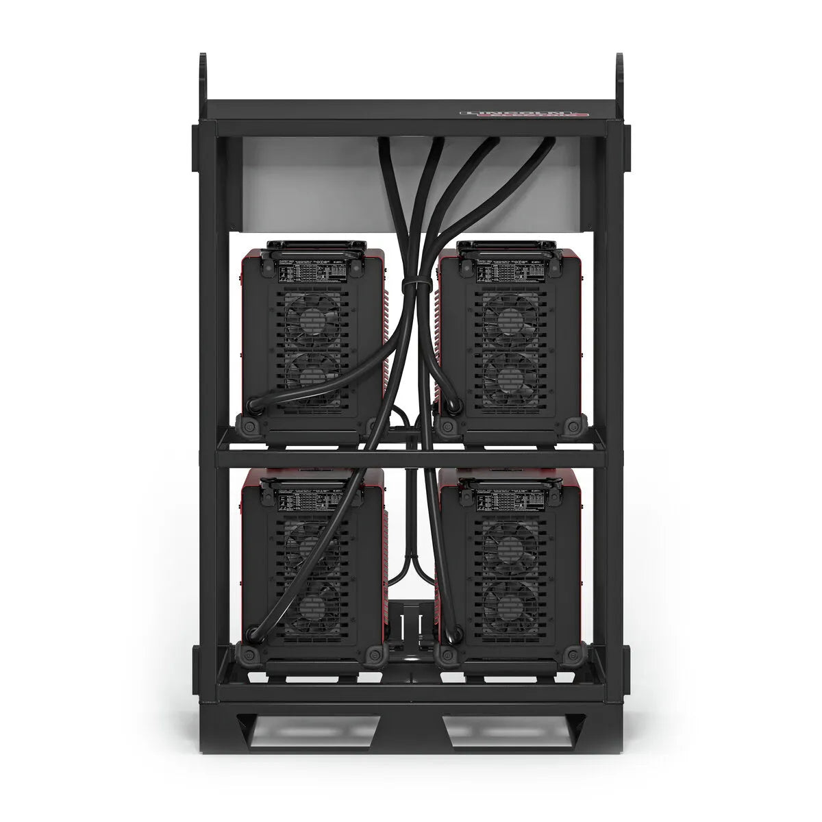 The Lincoln Flextec 350X PowerConnect 4-Pack Rack K4726-1 holds four compact, black units with visible cooling fans and red accents—two per shelf—with organized thick black cables neatly connected at the back.