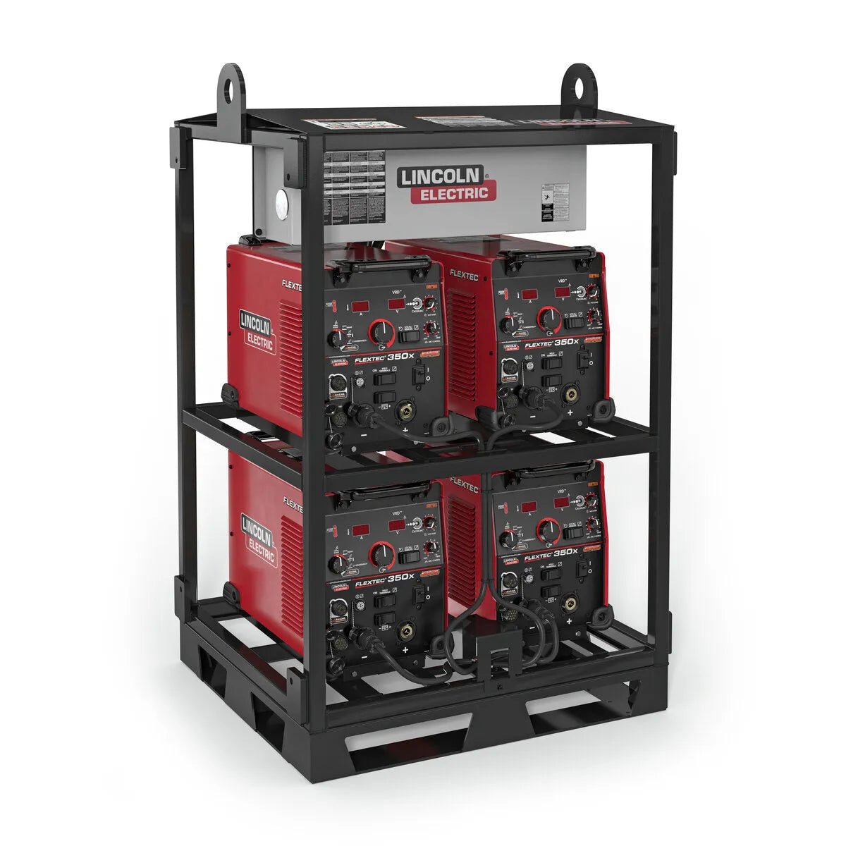 The Lincoln Flextec 350X PowerConnect 4-Pack Rack K4726-1 holds four Flextec 350X welders, two per shelf. Each welder has knobs, switches, and digital displays. A small white electrical box is located on the top shelf.