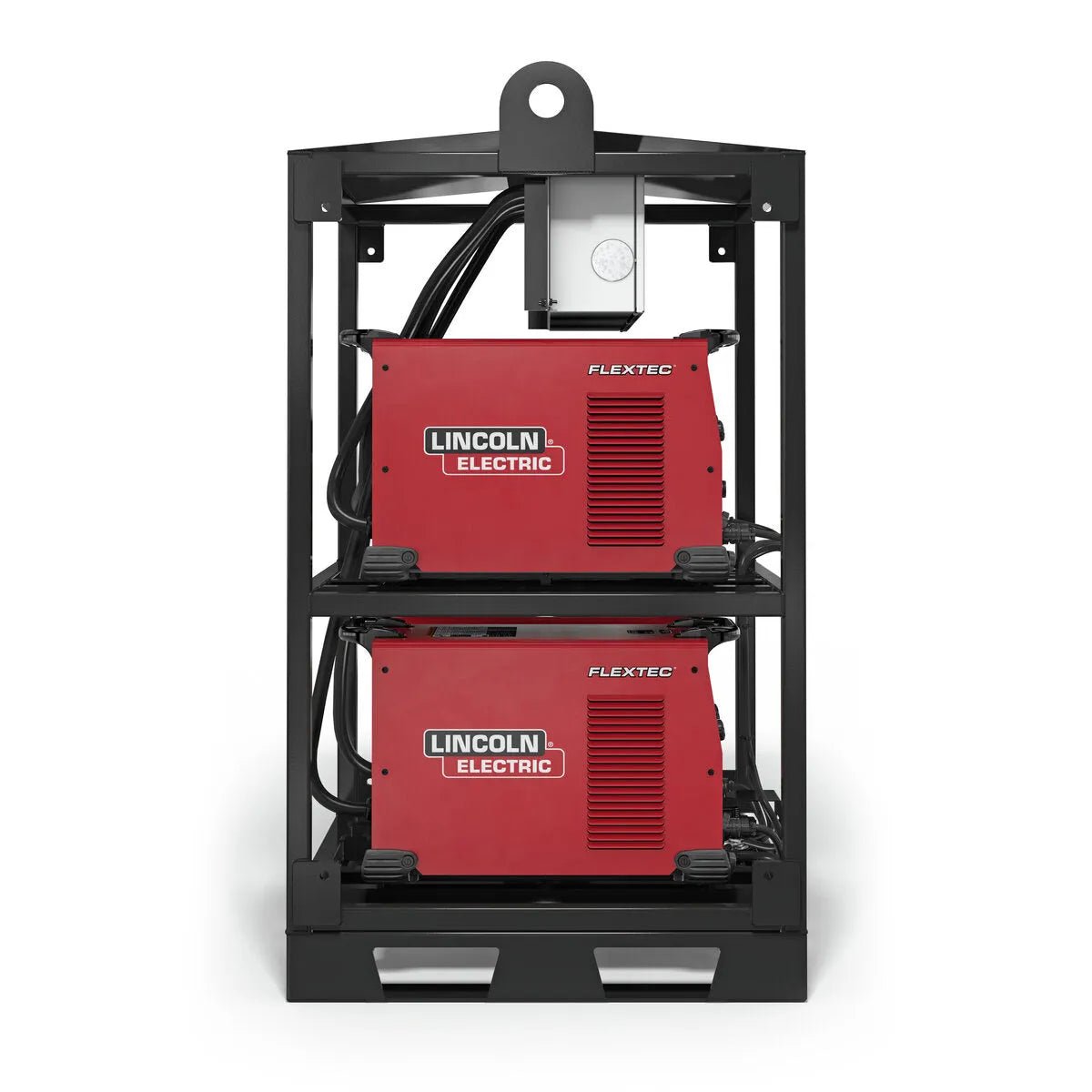 The Lincoln Flextec 350X PowerConnect 4-Pack Rack K4726-1 securely holds two red welding machines stacked vertically, with black cables coiled above and between them and a gray electrical box mounted at the top center.