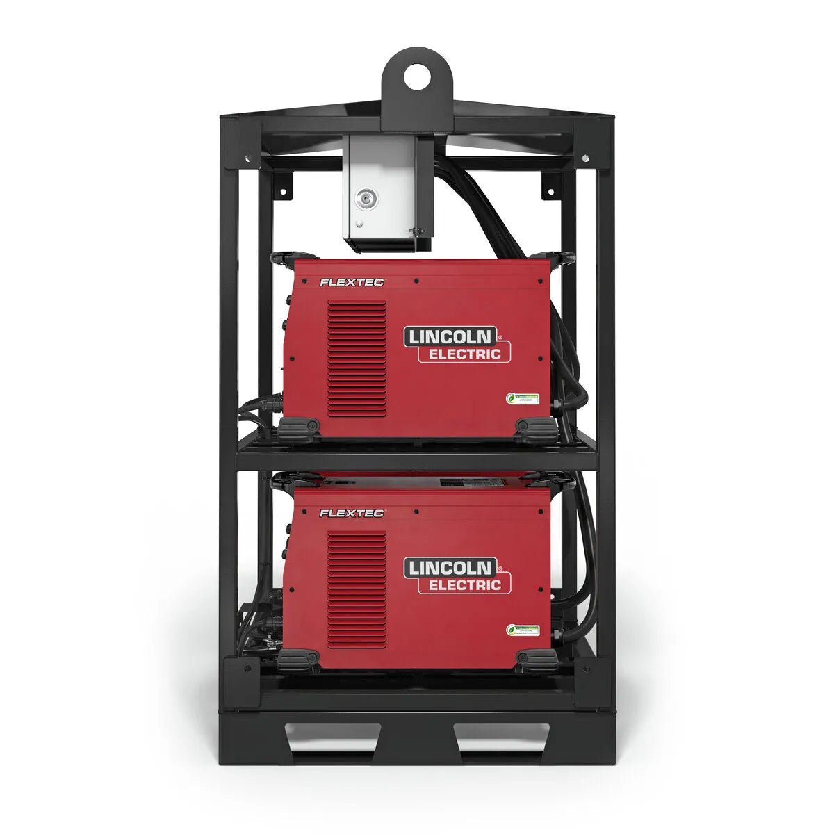 The Lincoln Flextec 350X PowerConnect 4-Pack Rack K4726-1 holds two red Flextec 350X welders stacked vertically, with visible vents, control knobs, white branding, thick black cables, and a gray junction box on top.