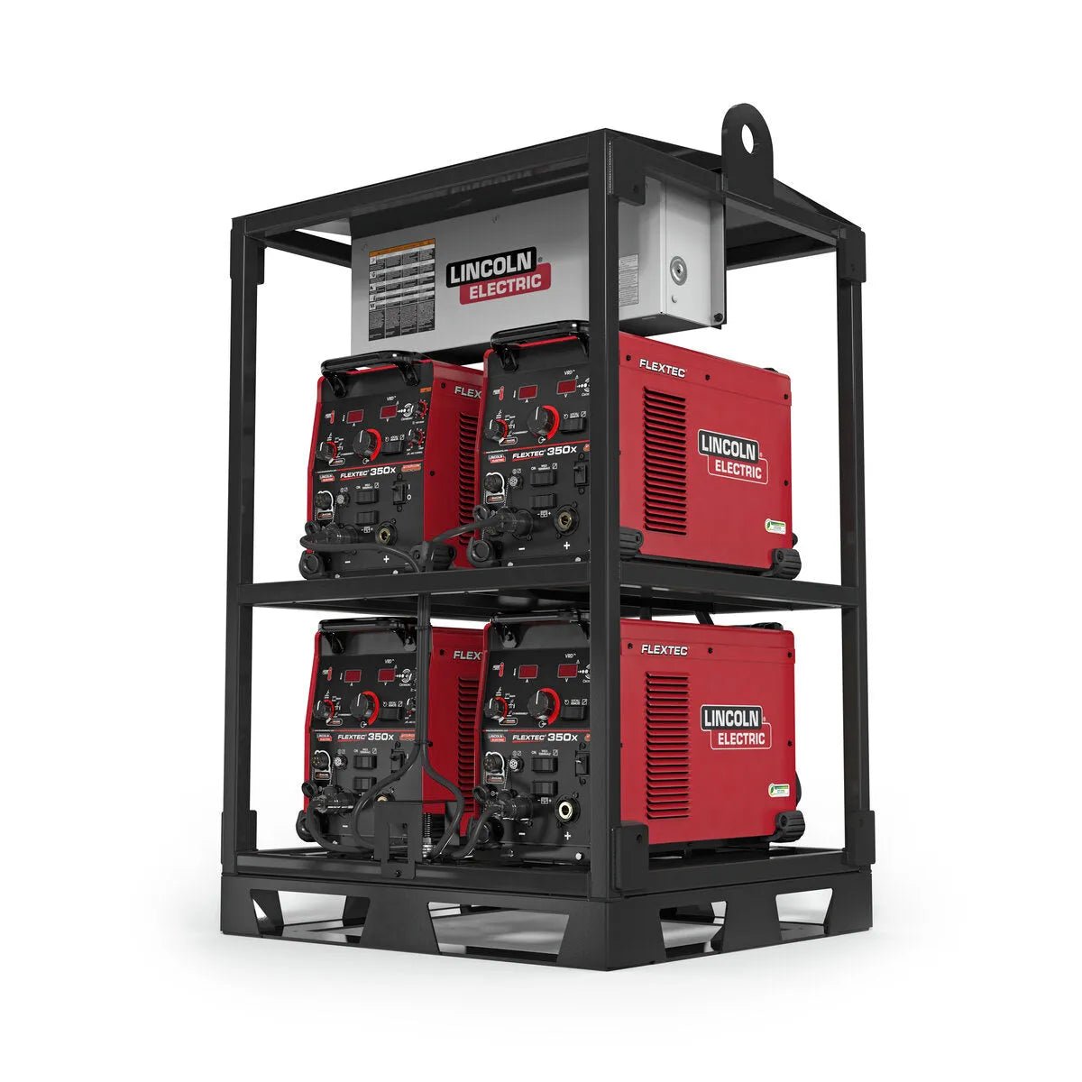 The Lincoln Flextec 350X PowerConnect 4-Pack Rack K4726-1 neatly holds four red welders in two rows with a control box on top, offering a portable, organized welding power solution with visible branding on each unit.