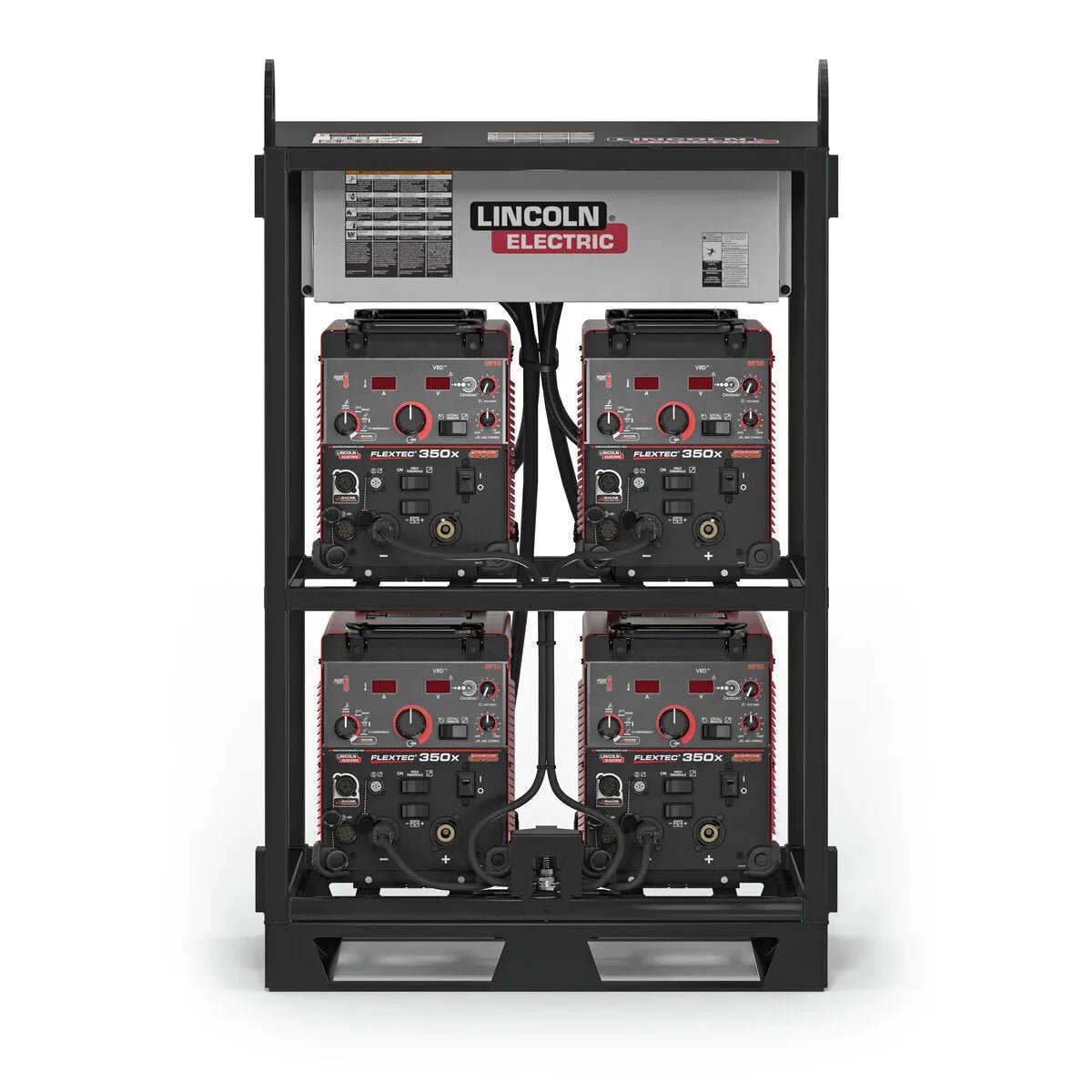 The Lincoln Flextec 350X PowerConnect 4-Pack Rack K4726-1 features four welding machines in a black rack with cables, stacked in two rows. A gray panel with circuit breakers and the Lincoln Electric logo completes this efficient power solution.