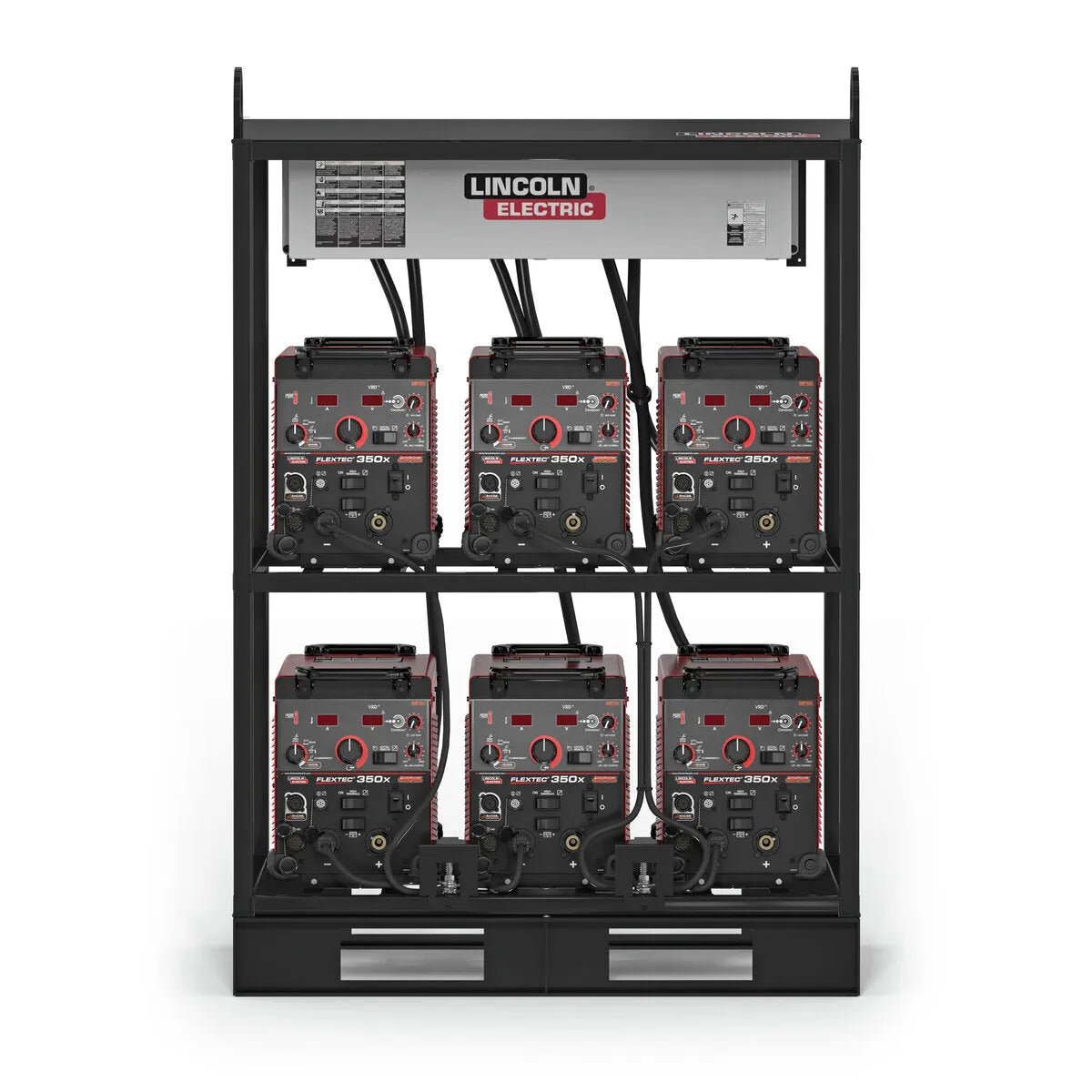 The Lincoln Flextec 350X PowerConnect 6-Pack Rack (K4727-1) holds six Invertec 250SX welders with cables in two rows of three, and features a top-mounted Flextec 350X PowerConnect unit with indicator lights and labeled switches.