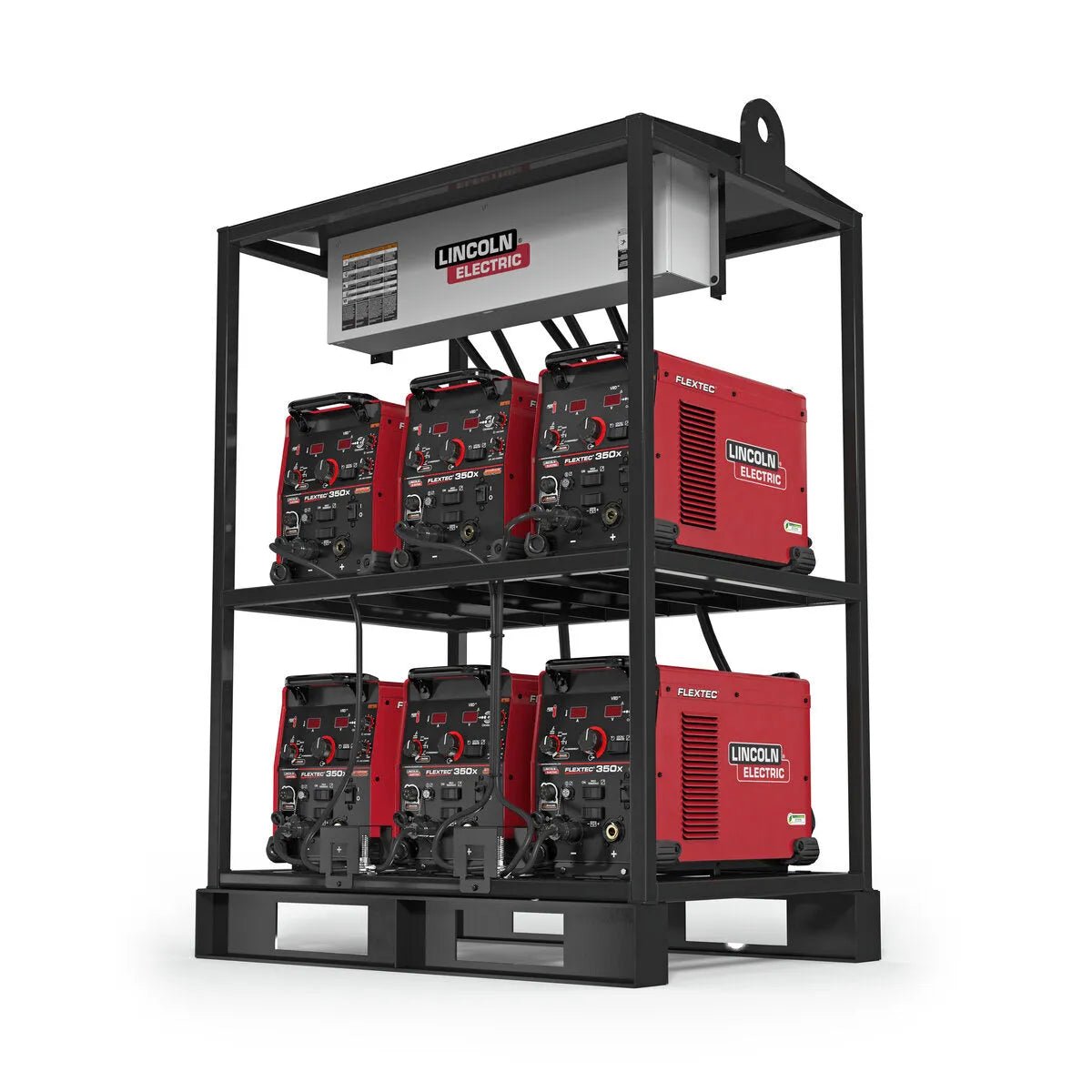 The Lincoln Flextec 350X PowerConnect 6-Pack Rack (K4727-1) holds six red welders in two rows of three, topped with a white electrical distribution box displaying branded labels, all set on a sturdy black pallet base.