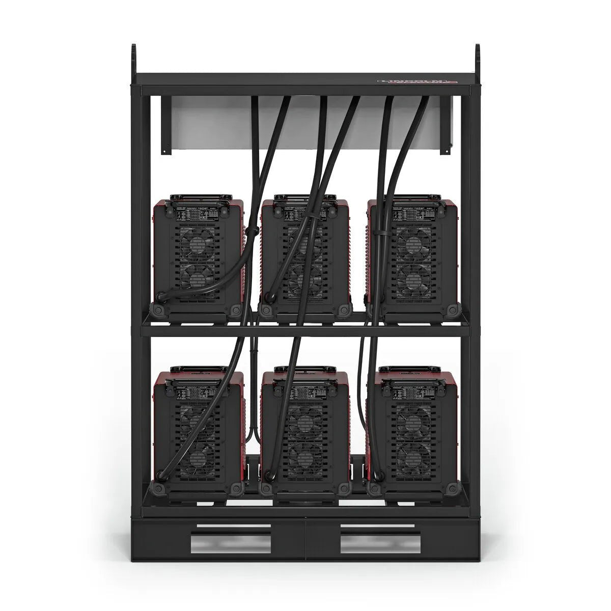 The Lincoln Flextec 350X PowerConnect 6-Pack Rack (K4727-1) holds six black welders in two rows of three, each with thick power cables, rear fans, and red accents—ideal for high-demand welding applications.