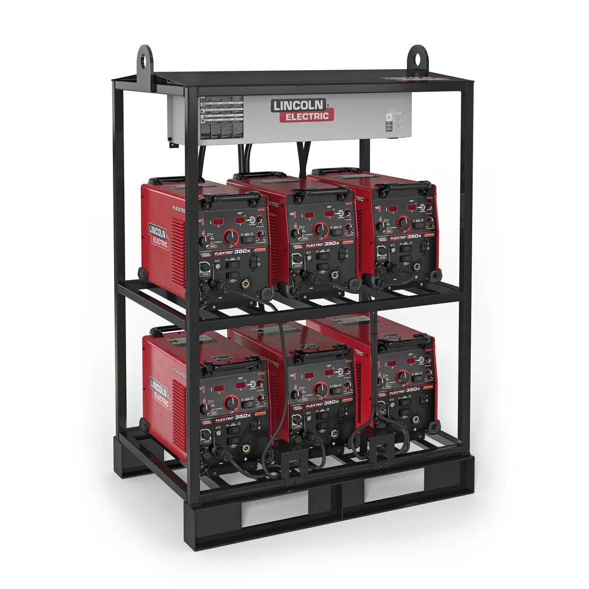 The Lincoln Flextec 350X PowerConnect 6-Pack Rack (K4727-1) holds six welders in a black metal frame, organized in two rows. Each unit features dials, switches, and meters for a portable and efficient industrial welding solution.