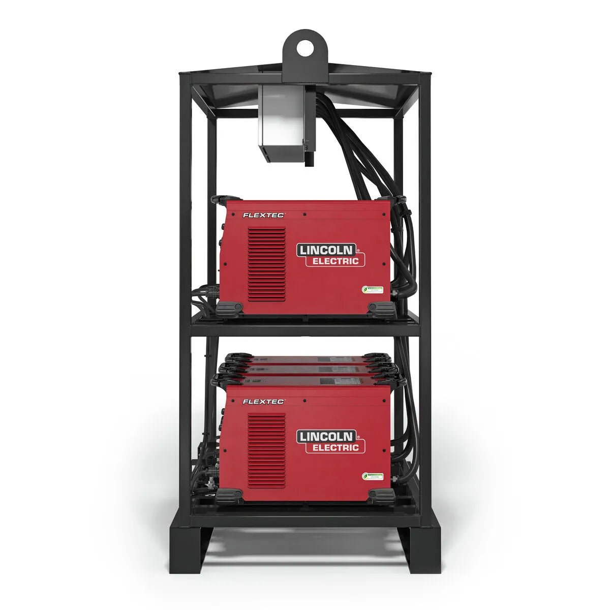 The Lincoln Flextec 350X PowerConnect 6-Pack Rack (K4727-1) holds four stacked red welding machines, two per shelf, with coiled black cables and a top lifting hook, offering a streamlined, organized welding power solution.