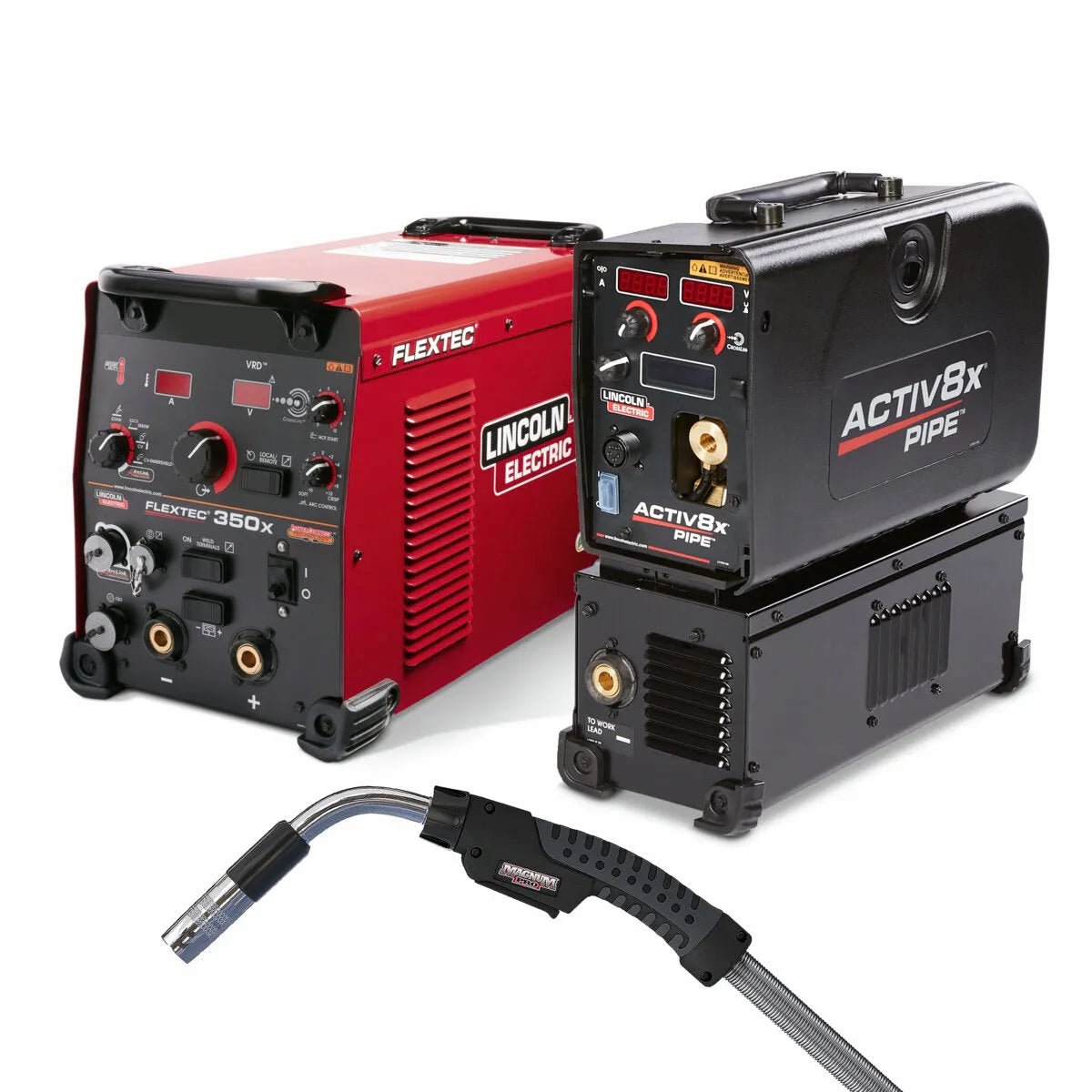 The Lincoln Flextec 350X PowerConnect / Activ8X Pipe One-Pak (K4935-2) features both red and black welding machines side by side, with a welding gun in front to showcase advanced pipe welding and integrated wire feeder controls.