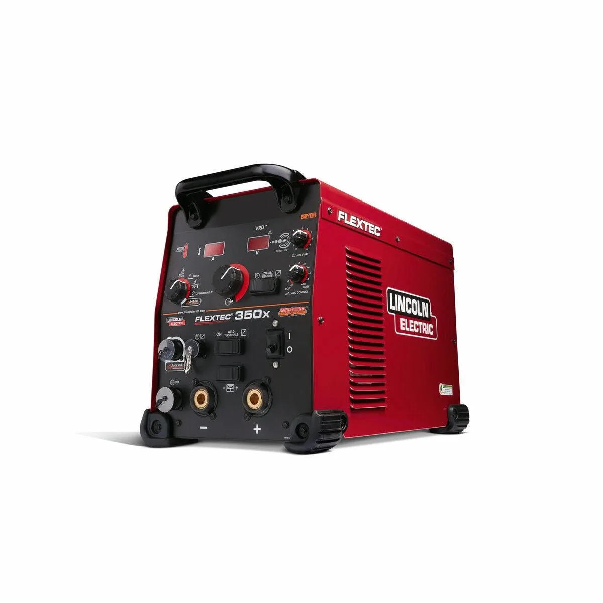 The Lincoln Flextec 350X PowerConnect Flex Feed 84 One-Pak (K4274-7) is a red welder with black control knobs, switches, and input ports, featuring a top handle, side cooling vents, and the Lincoln Electric logo.