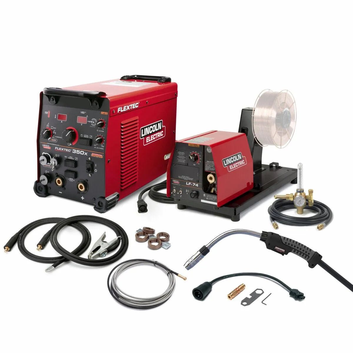 The Lincoln Flextec 350X PowerConnect LF-74 One-Pak (K4274-6) set includes the red 350X welding system, wire feeder with spool, cables, clamps, welding gun, connectors, and small metal parts—shown on a white background.