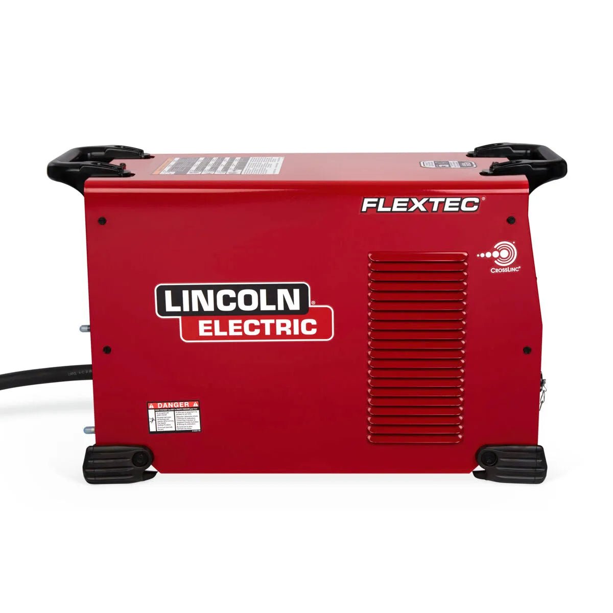 A Lincoln Flextec 350X PowerConnect Tweco - K4273-1, red with black handles and feet, features side venting, warning labels, white and black brand logo, and a cable extending from the left; set against a white background.