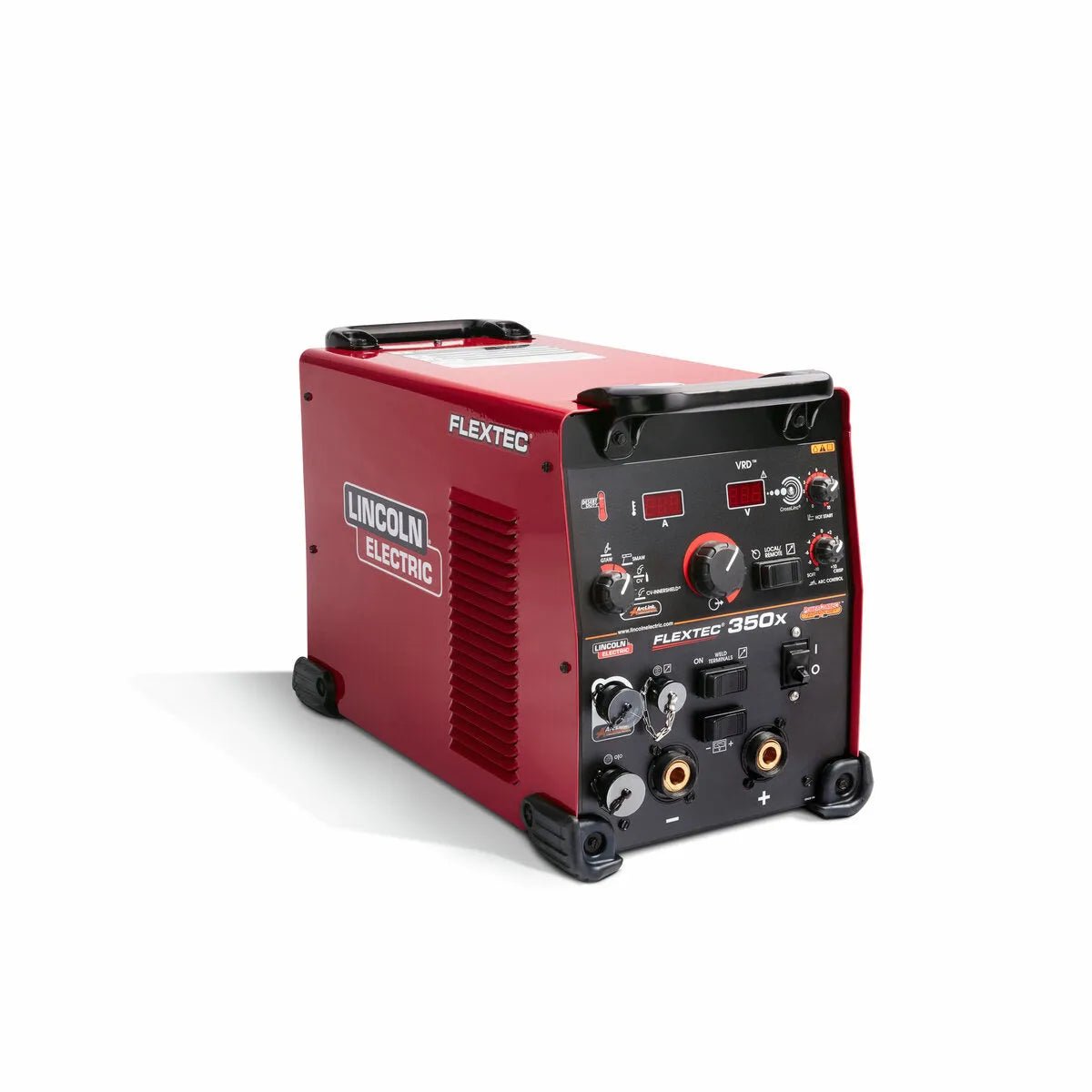 The Lincoln Flextec 350X PowerConnect Tweco (K4273-1) is a red and black multi-process welder with front control knobs, digital displays, input/output ports, PowerConnect technology, and the Lincoln logo on its side.