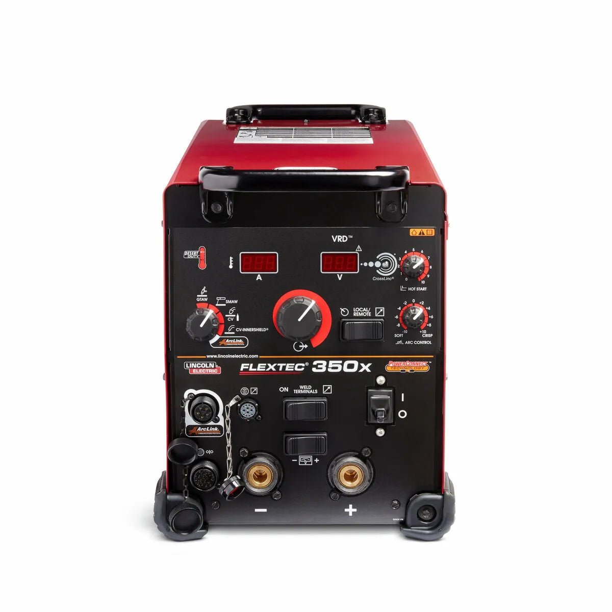 A red and black Lincoln Flextec 350X PowerConnect Tweco (K4273-1) multi-process welder, front-facing with control knobs, digital displays, switches, and connection terminals visible, shown on a white background.