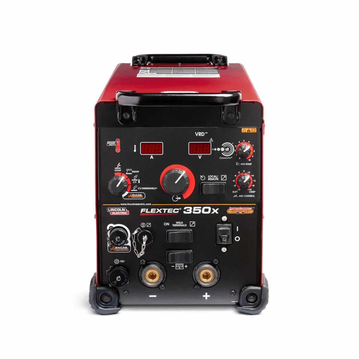 The Lincoln Flextec 350X PowerConnect Tweco (K4273-1) is a red and black multi-process welder with protective corner bumpers, a top handle, and a front panel featuring dials, switches, digital screens, and ports.