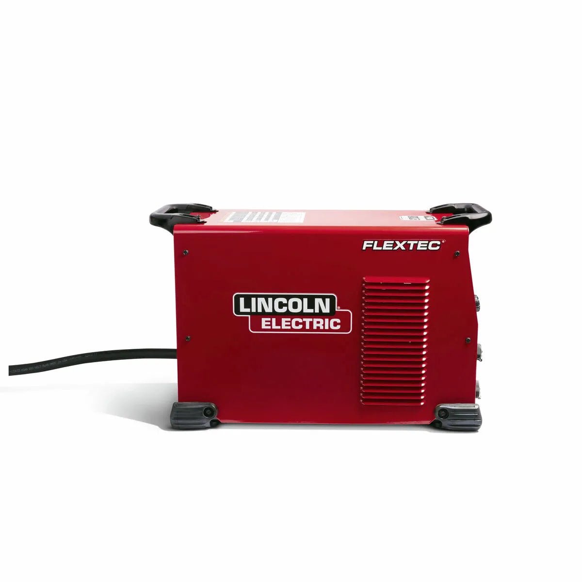 A red Lincoln Flextec 350X PowerConnect Tweco - K4273-1 multi-process welder sits on a white background. It features black handles, rubber feet, a side vent, the model name displayed prominently, and a rear power cord.