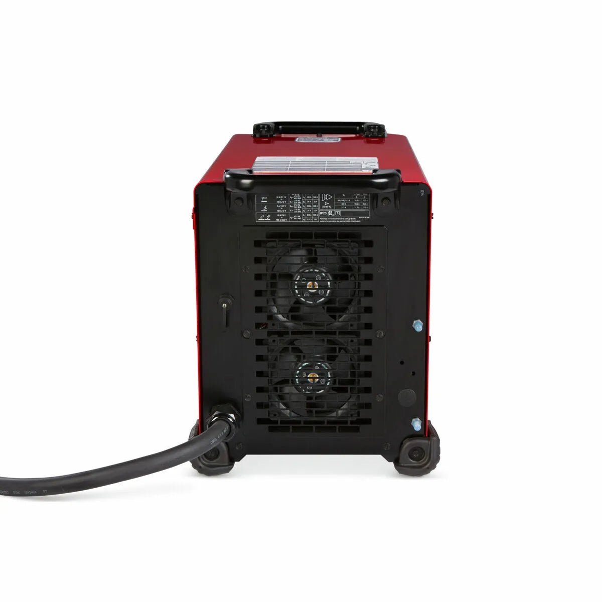 A red rectangular Lincoln Flextec 350X PowerConnect Tweco - K4273-1 welder is shown from the back, with two circular cooling fans behind a black grille, a thick power cable at the lower left, a top handle, and four small wheels on a white background.