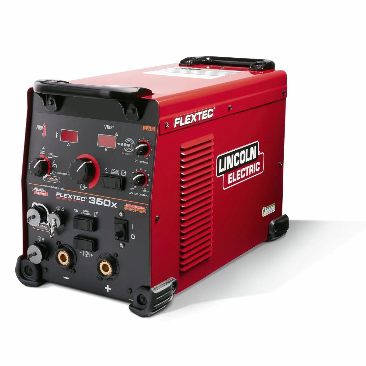 A red Lincoln Flextec 350X PowerConnect Twist Mate/Dinse (K3443-1) welder is shown on a white background, featuring front panel knobs, switches, digital displays, connection ports, ventilation grilles, and black handles.