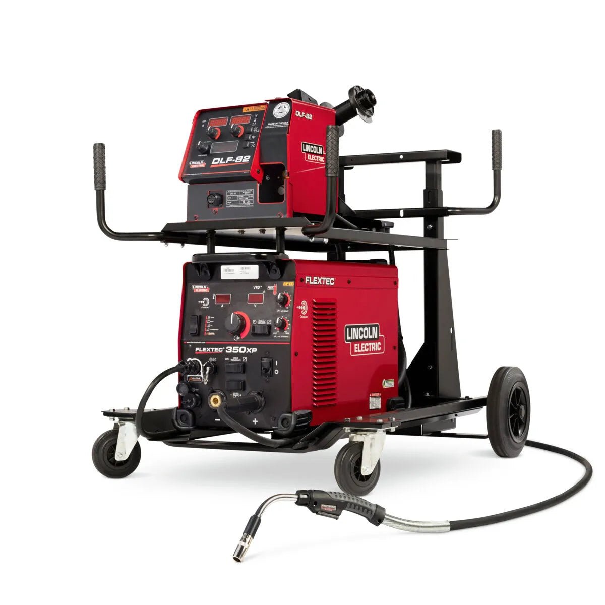 A red Lincoln Flextec 350XP / DLF-82 Ready-Pak (K5335-1) welding machine with pulse tech and an attached wire feeder is mounted on a black wheeled cart, featuring front dials, switches, ports, a coiled welding gun, and large rear wheels.