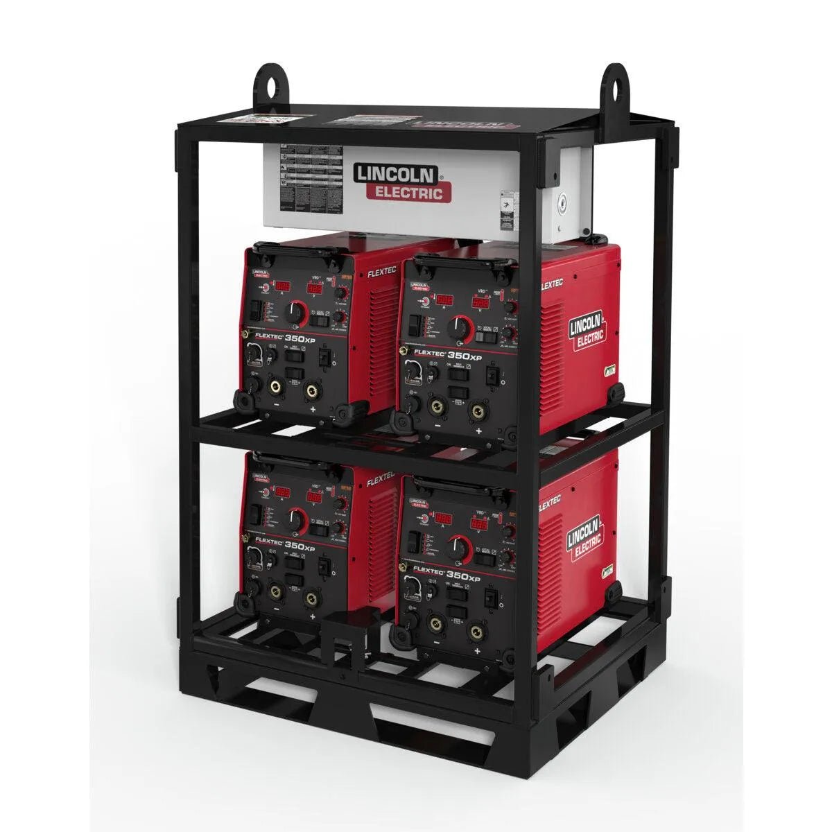 The Lincoln Flextec 350XP (Tweco) 4-Pack Rack K3403-3 holds four red welding machines in two rows, features corner lifting lugs, an open front for access, and a white Lincoln Electric control box mounted on top.