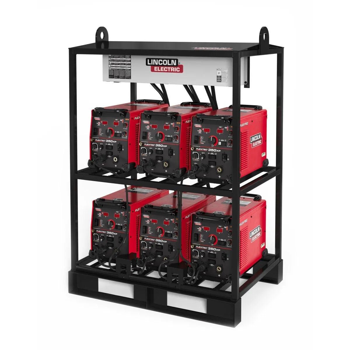 The Lincoln Flextec 350XP (Tweco) 6-Pack Rack K4281-2 securely holds six welders in two rows of three, each with control knobs and labels, all connected on a sturdy black base with an overhead panel and wiring.