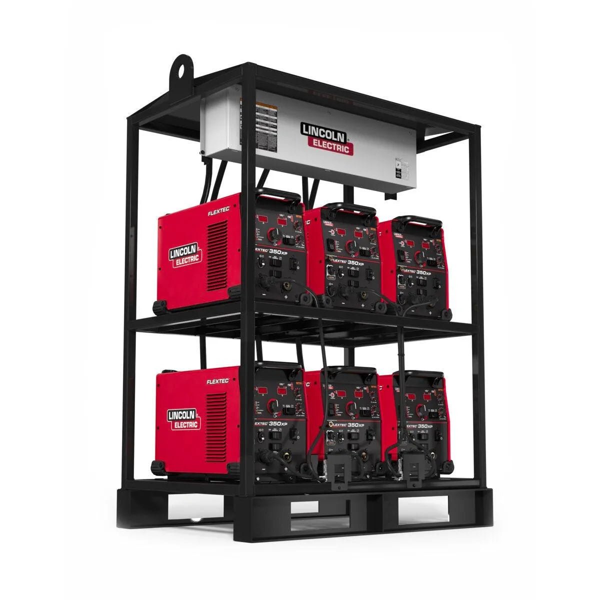 The Lincoln Flextec 350XP (Tweco) 6-Pack Rack K4281-2 holds six red welders in two rows of three, connected by thick power cables and topped with a control unit, all mounted on a sturdy black pallet base.
